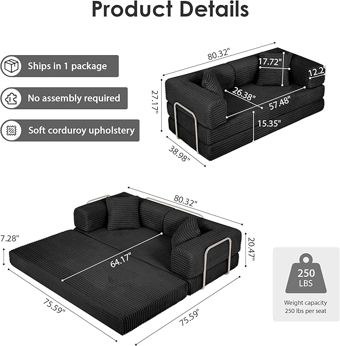 Eafurn 4-in-1 Convertible Folding Sofa Bed Boneless Loveseat Sofa in a Box - Foam Sleeper Couch with Fxied Frame, Modern Corduroy Upholstered Floor Couch & Fold Out Mattress | Breathable material, Fixed-shape Frame