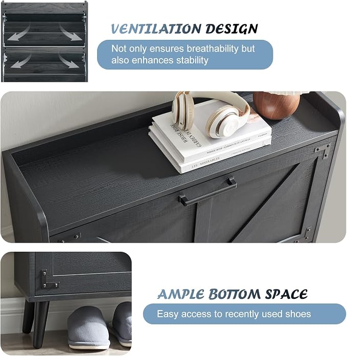 Barnyatoh Shoe Storage Cabinet with 2 Flip Drawers, Farmhouse Hidden Shoe Organizer, Narrow Slim Shoe Rack Cabinet for Entryway Hallway,Black - Image 7
