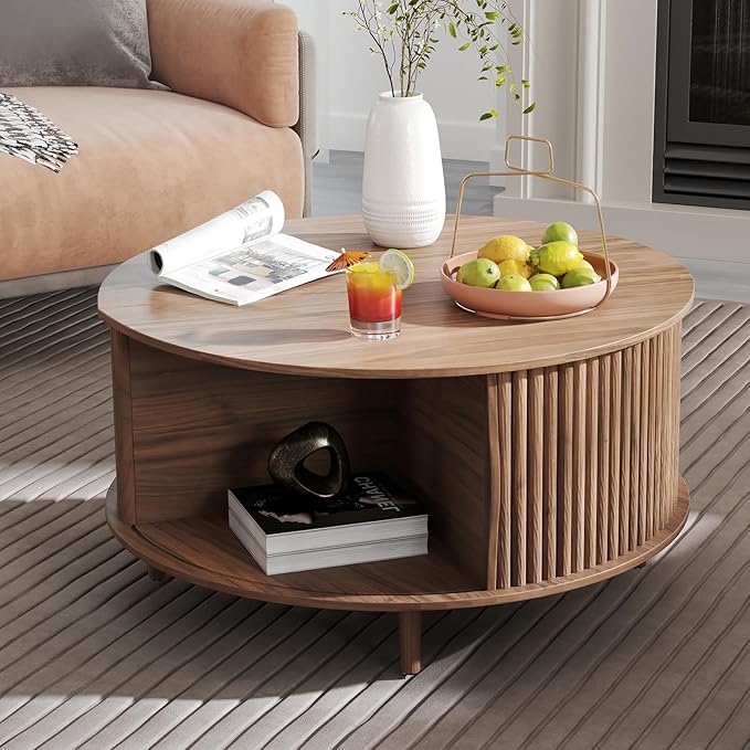 Round Coffee Table with Storage, 31.5" Walnut Wood Drum Table, Fluted Circle Center Table for Living Room, Modern Mid Century Furniture with Sliding Door
