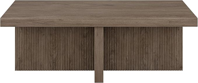 Henn&Hart 44" Fluted Rectangular Wood Pedestal Low-Profile Coffee Table with Ribbed Pedestal Base for Living Room, Family Room or Office, Weathered Gray