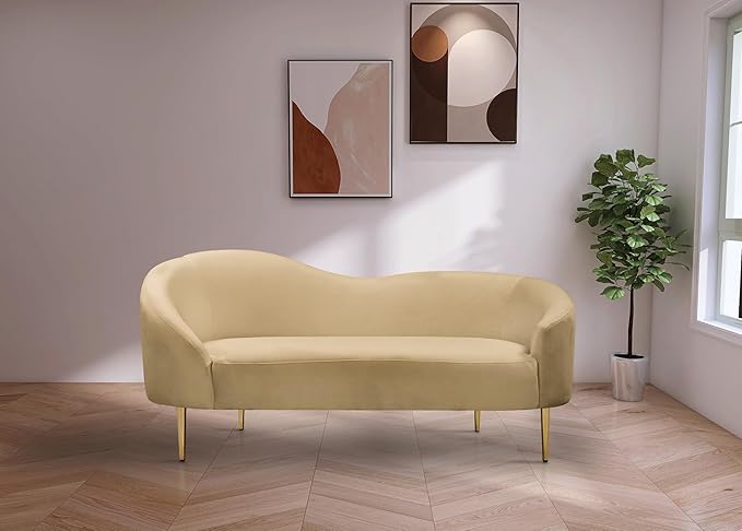 Meridian Furniture 659Camel-L Ritz Collection Modern | Contemporary Upholstered Loveseat with Rich Camel Velvet, Gold Metal Legs, Curved Contemporary Design, 67" W x 31.75" D x 30.5" H, Camel