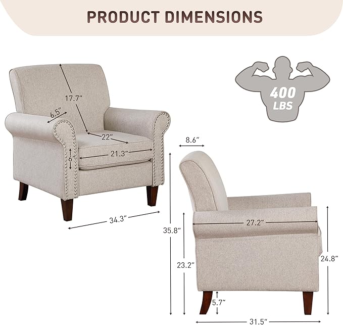 Prilinex Upholstered Living Room Chair Set of 2 - Large Comfy Fabric Accent Chair Single Sofa with Cushion, Rolled Armrest & Nailhead Trim, Mid Century Farmhouse Armchair for Bedroom, Office, Beige