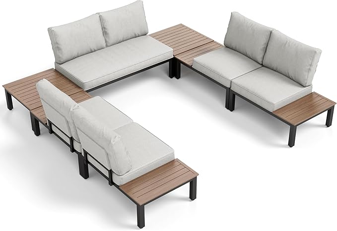 PHI VILLA 7 Pieces Outdoor Patio Furniture Set,Metal Frame Modern Outdoor Sectional Sofa Set,6 Seats Patio Conversation Sets with Coffee Table&Thickened Cushion,for Poolside and Backyard,Light Grey
