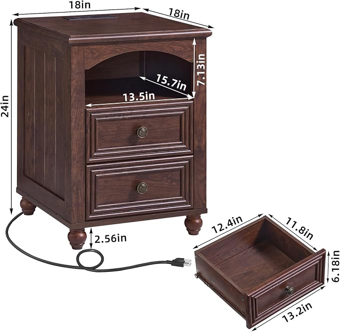 RWYHG 18" Farmhouse Night Stand Set of 2 with Charging Station, Walnut Wood Nightstand with 2 Drawers, Bedside End Table with Shelf Storage, Bed Side Tables for Bedroom, Living Room, and Closet - Image 3