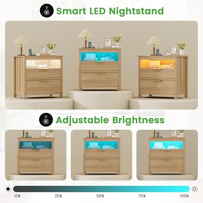 WOOVIVS End Table with Gun Drawer - Farmhouse Night Stand with Charging Station for Bedroom, Smart Side Table with LED Lights for Livingroom, Hidden Compartment Nightstands-Wood - Image 5