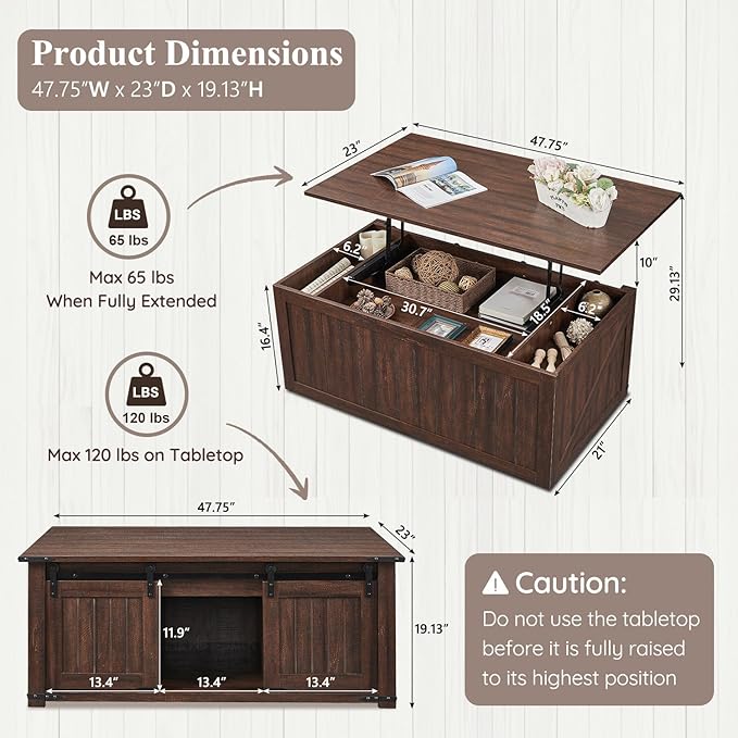 48" Lift Top Coffee Table, Farmhouse Cocktai with Sliding Groove Barn Door, Rustic Wood Center Table w/Double Storage Spaces for Living Room, Brown