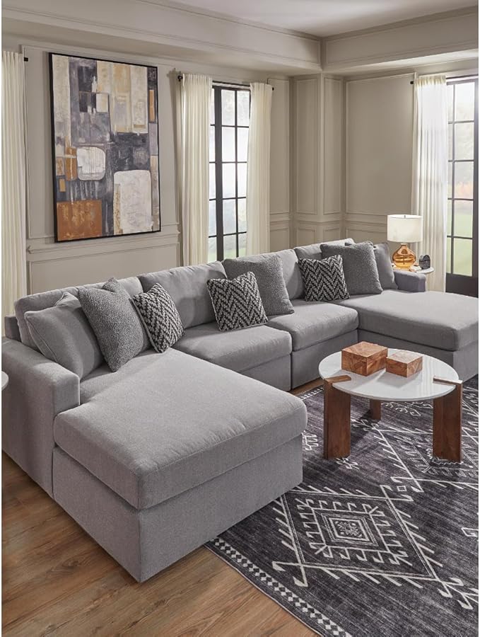 Signature Design by Ashley Modmax Stain Resistant Minimalist Modular Anti Sag 4-Piece Double Chaise Sectional with Reversible Cushions and 2 Accent Pillows, Light Gray