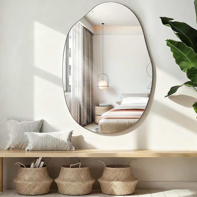 Bathroom Wall Mirror Wood Framed Modern Decorative Irregular Asymmetrical Mirrors for Bedroom Living Room Entryway Dressing Table Wall Decoration Room Decor 26" L x 18" W by Lzuso