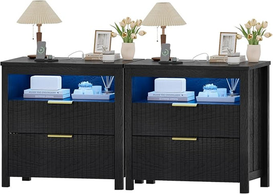 WOOVIVS End Table Set of 2 with Gun Drawer - Farmhouse Night Stand Set 2 with Charging Station for Bedroom, Smart Side Table with LED Lights,Hidden Compartment Nightstands-Black by WOOVIVS