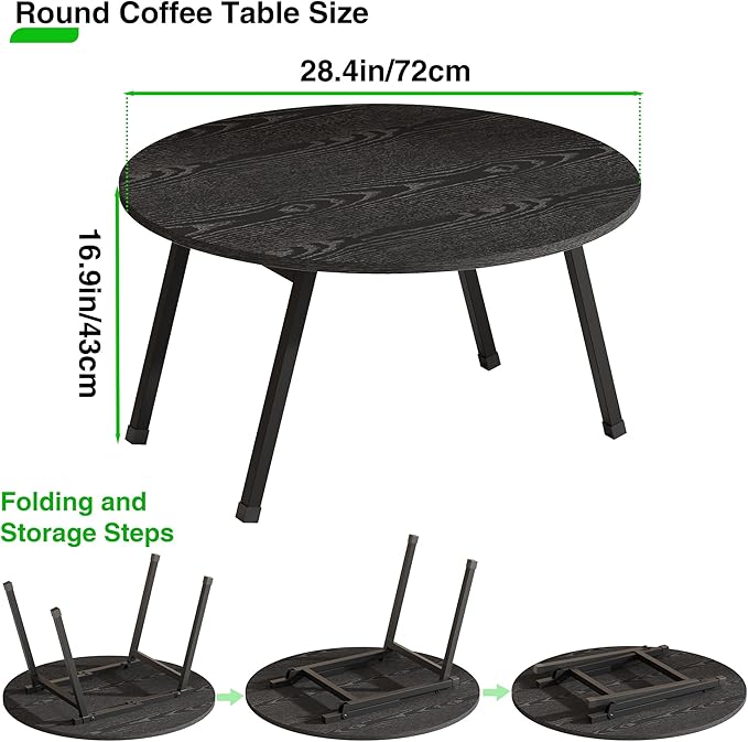 Round Folding Coffee Table for Small Spaces, Foldable Small Coffee Table Portable Sturdy, Easy Assembly Mid Century Low Wood Tables for Living Room, Home, Office, Black