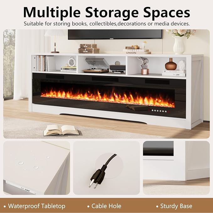 TAVATA 65" Fireplace TV Stand for Living Room, LED Electric Entertainment Center with 60" Fireplace, Modern TV Cabinet for TVs up to 75" with Open Storage Shelves, White - Image 5