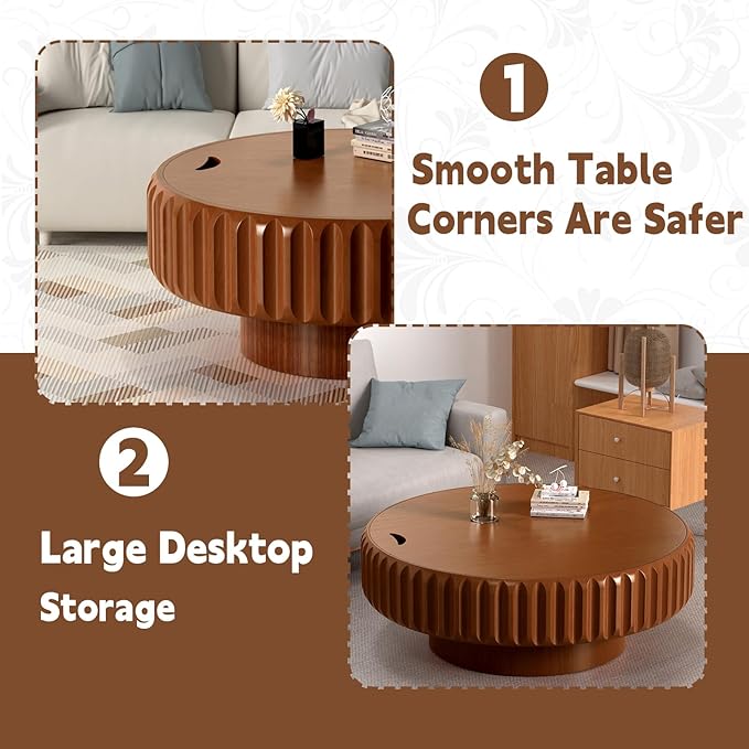 31.5in Drum Coffee Table with Storage Modern Unique Fluted Tea Table Contemporary Round Coffee Table with Fluted Center Table for Small Space Apartment(31.5in)