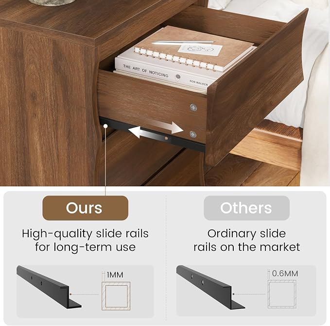 Nightstand, Night Stand with 3 Drawers, Modern Nightstand with Large Storage, Silent Slides, Wooden End Side Table, Bedside Table with 3 Drawers for Bedroom (Brown) - Image 5