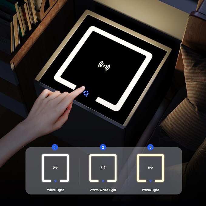 Nightstand with Drawer, Wireless Charging Bedside Table 3 LED Light Night Stand with Safe, Modern End Table with Drawers for Bedroom Office - Image 6