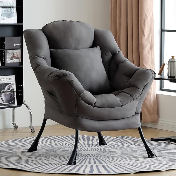 Lazy Chair for Living Room, Large Dark Grey Accent Chair with a Throw Pillow, Leisure Sofa Chair Set, Comfy Reading Chair for Bedroom, Dorm Room, Office