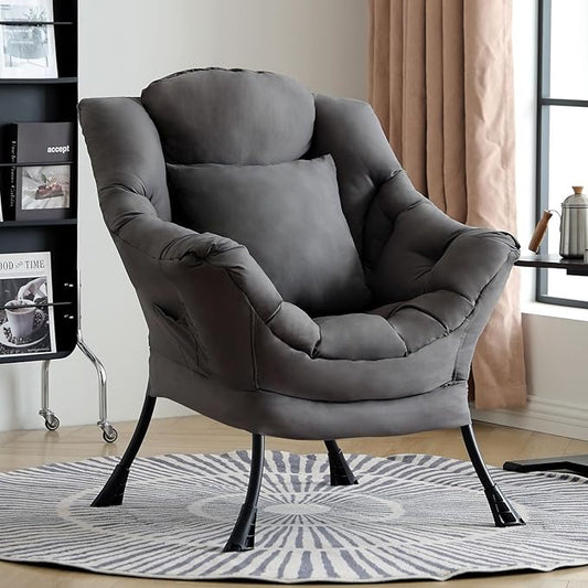 Lazy Chair for Living Room, Large Dark Grey Accent Chair with a Throw Pillow, Leisure Sofa Chair Set, Comfy Reading Chair for Bedroom, Dorm Room, Office