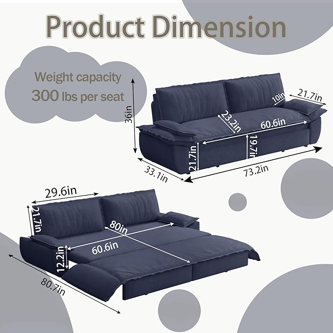 73.2" Queen Size Pull Out Sofa Bed, 3-in-1 Convertible Sleeper, Corduroy Loveseat for Living Room, Apartment, Bedroom Small Spaces, Dusty Blue (Mattress & Bedding Not Included)