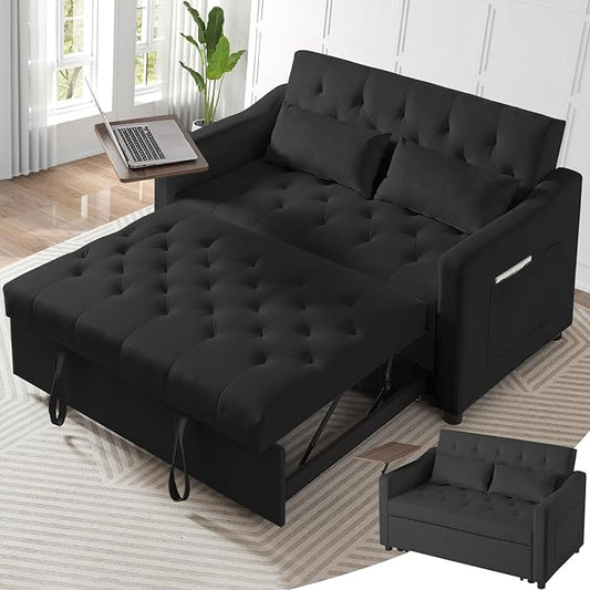 3 in 1 Convertible Sofa Bed, Pull Out Couch with 3-Level Adjustable Backrest, Loveseat Sleeper Recliner with Storage Pockets and Side Table, Velvet Chaise Lounge for Living Room
