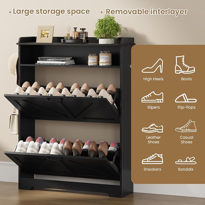 Shoe Cabinet Organizer with 2 Flip Drawers, Farmhouse Narrow Shoe Cabinet with 2 Adjustable Shelves & 2 Hooks, Shoe cabinet storage for entryway, Foyer, Hallway, Black, 31.5"W x 8.7"D x 41.7"H - Image 5