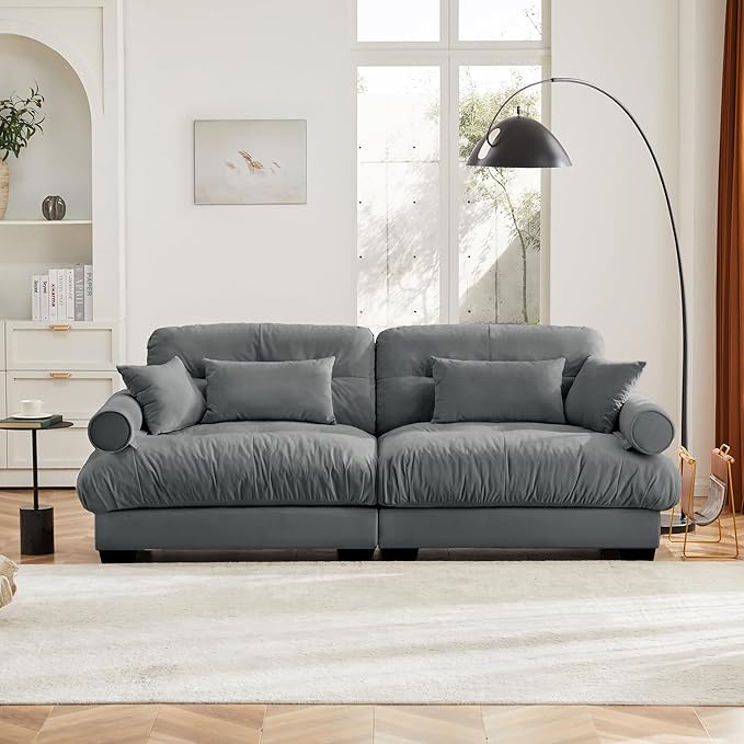 KEIKI 94" Oversized Velvet Modular Sectional Loveseat Sofa with High-Density Foam Cushions and Bolstered Armrests, Upholstered Modern Style 2-Seater Cloud Couch with 4 Pillow, for Living Room, Grey