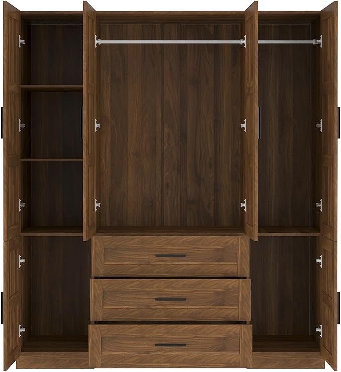 6 Doors Armoire Wardrobe Closet with 3 Big Drawers, 70.8" H Wooden Bedroom Armoires with Shelves and Hanging Rods, Freestanding Clothes Closet Wardrobe Cabinet for Bedroom, Guest Room, Brown