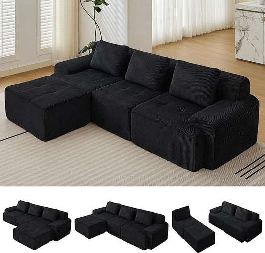 Modular Sectional Sofa, 6 Seat Modular Couch, Modular Sofa with Deep Seat and Detachable Pillow (Black, 4 Pieces-L Shape)