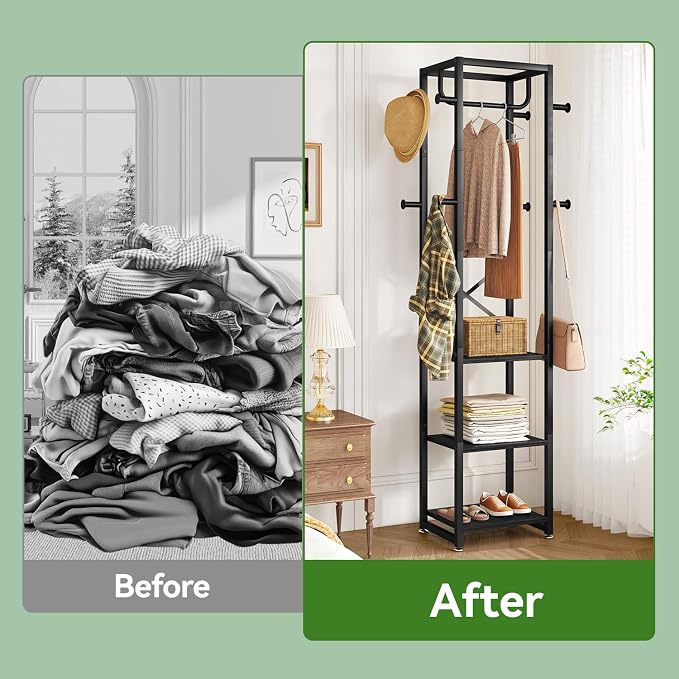 IBUYKE Coat Rack with Shelves, Freestanding Hall Tree with 3 Shelves and 8 Hooks, Industrial Clothes Stand for Entryway, Hallway, Bedroom, Black UTMJ088B - Image 8