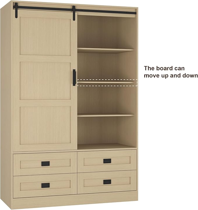 Wardrobe Closet with Sliding Barn Door, Tall Wooden Bedroom Armoire Wardrobe Closet Storage Cabinet with 4 Drawers, Adjustable Shelves and Hanging Rod, Clothes Cabinet for Bedroom, Wood