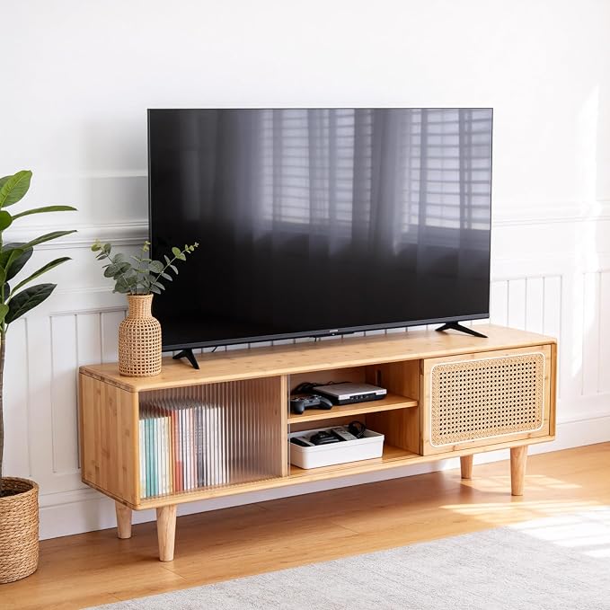 Tiita Rattan TV Stand for 55 Inch TV, Bamboo TV Cabinet with Adjustable Shelf and Storage, Boho Entertainment Center, Mid Century Modern Media Console for Bedroom, Living Room, Study (Natural) by TiitaHome