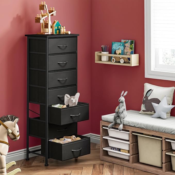 Fixwal Black Tall Skinny Dresser for Bedroom, Narrow Storage Dresser Organizer with 7 Fabric Drawers, Nightstand Furniture in Closet, Entryway, Hallway - Image 6