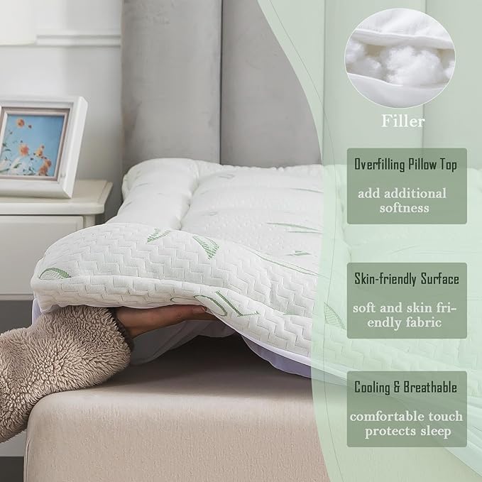 WhatsBedding King Mattress Topper, Soft Pillow Top Mattress Topper with Deep Pocket Fits 8–21 Inch,7D Spiral Fiber Filling, Bamboo Viscose Air Layer Mattress Topper King.
