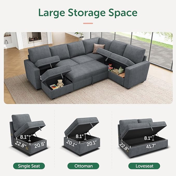 HONBAY Modular Sectional Couch with Pull Out Bed, Chenille Sleeper Sofa with Storage Seats Ottoman, U Shaped Sectional Couches for Living Room, Bluish Grey