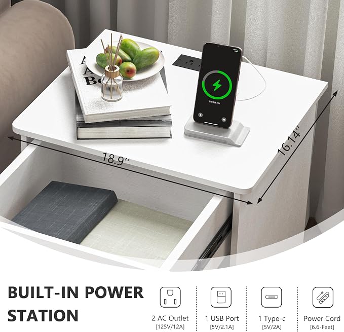 Night Stand Set 2 with Charger Station, Modern Nightstand with USB Type-C Ports and AC Outlets, Large Bedside Table with Drawer and Open Storage, Wooden End Table for Bedroom - Image 5