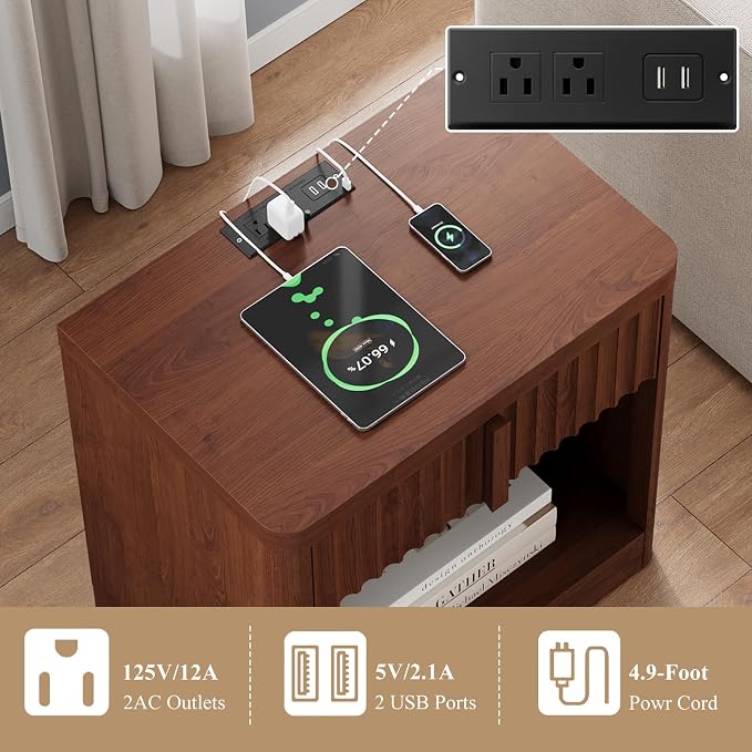 Fluted Nightstand with Charging Station, 23.6" Night Stand with Solid Wood Handle, End Table with Curved Profile Design, Mid Century Moden Bedside Table for Bedroom, Living Room, Walnut - Image 5