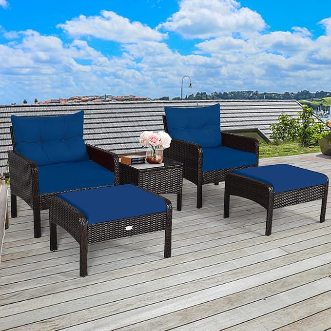 HAPPYGRILL 5 Pieces Patio Furniture Set Outdoor Rattan Wicker Conversation Set with Coffee Table Cushioned Sofas and Ottoman Chat Set for Garden Backyard