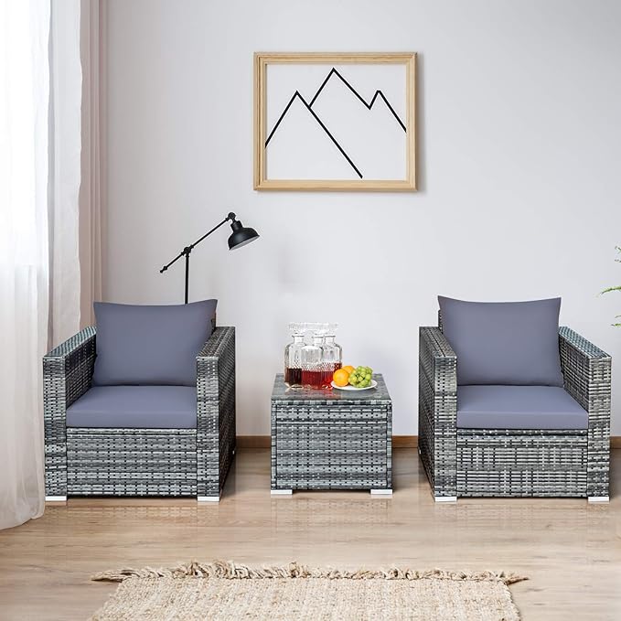Tangkula 3 Pieces Patio Furniture Set, PE Rattan Wicker Sofa Set w/Washable Cushion and Tempered Glass Tabletop, Outdoor Conversation Furniture for Garden Poolside Balcony