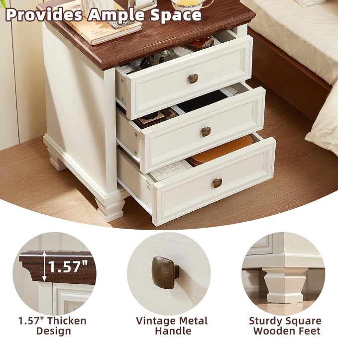 SAVOR LIFE Farmhouse Nightstand with 3 Drawers, Rustic Couch End Table with 4 Square Solid Wood Legs, Mid-Century Modern Bed Side Table with Storage, Small Dresser for Bedroom, Living Room, White - Image 6