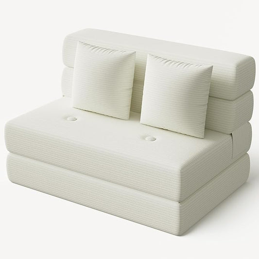 Folding Sofa Bed, Convertible Sleeper Chair & Couch Bed with Pillow, One-Piece High-Density Sponge Mattress, Multi-Purpose Corduroy Floor Sofa for Living Room, Office, Apartment, Beige, Twin