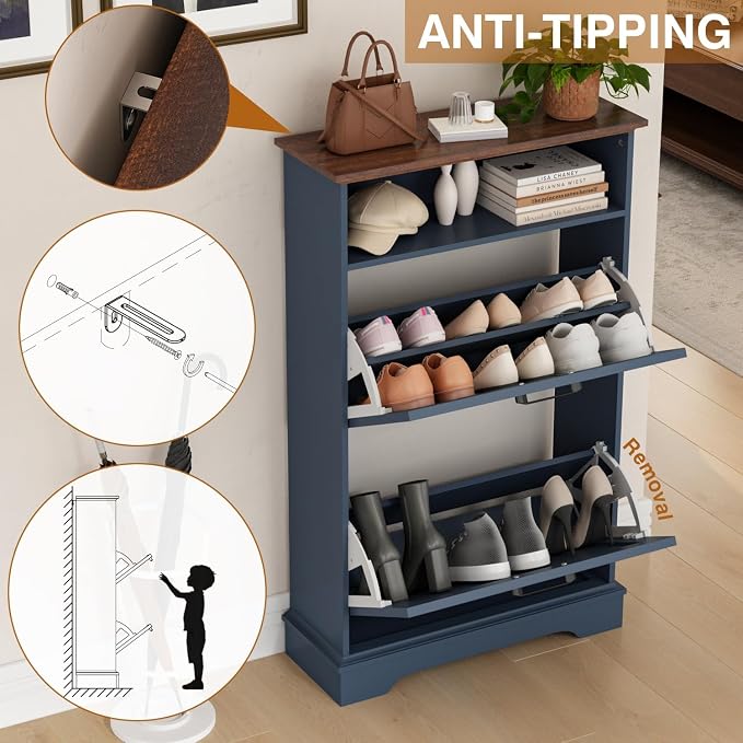 Shoe Storage Cabinet with 2 Flip Drawers, 24" W Farmhouse Modern Hidden Shoes Rack with Adjustable Shelves & Open Storage, Narrow Slim Shoe Organizer for Front Door Entrance, Entryway, Navy Blue - Image 5