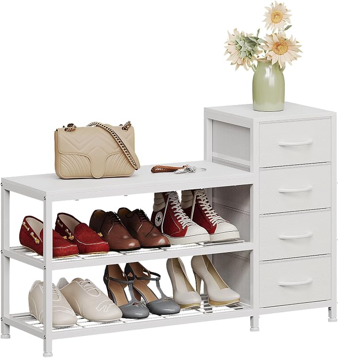 EXOTICA 3-Tier Shoe Storage Bench White Entryway Shoe Rack with 4 Drawers and Seating Shoe Shelf Storage Cabinet for Hallway Front Door Doorway Living Room Mudroom Steel Frame - Image 6