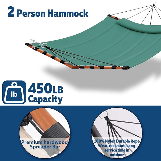 TegerDeger 12FT 2 Person Hammock Large Hammock 450LB Capacity with V Shaped Hardwood Spreader Bar & Nylon Rope for Outside, Patio, Garden, Backyard, Beach, Poolside - Lake Blue - Image 4