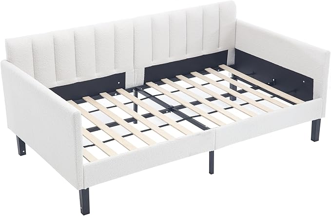 GDFStudio Twin Size Upholstered Daybed, Futon Sofa Bed Ribbed Tufted Backrest Lavish Modern Design, Couch Bed Frame for Bedroom Living Room Guest Room Apartment,Ivory Boucle