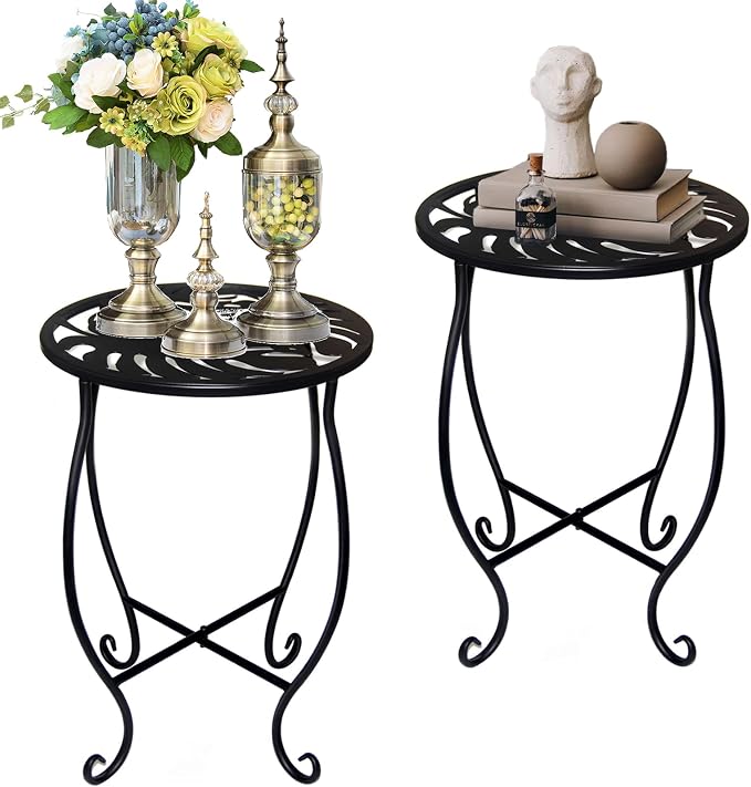 Small Side Tables for Small Space, 2 Pack Metal Outdoor Indoor Side Table, Weather Resistant Mini Metal Round Side Table Pool Chair Side Table for Patio Yard Porch Balcony Garden Bedside, Black by Aonagi