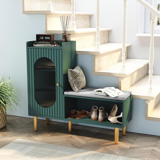 HLR Storage Bench with Glass Door&Shelf, Modern Entryway Shoe Cabinet Bench with Padded Seat, Green L-Shaped Storage Cabinet for Hallway, Bedroom, Living Room, Office - Image 3