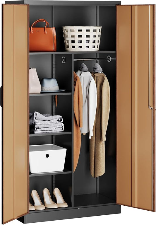Metal Wardrobe Cabinet with Lock,72" Armoire Closet with Hanging Rod,Lockable Storage Locker,Storage Cabinet with Locking Doors,Garage Locker,Steel Wardrobe for Home,Bedroom,Office,Employee,Shop
