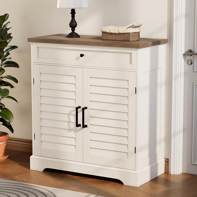 ChooChoo Farmhouse Shoe Cabinet with Doors, 4-Tier Shoe Storage Cabinet with Drawer and Shelves, Wooden Shoe Rack Organizer for Entryway, Hallway, Closet, White - Image 3
