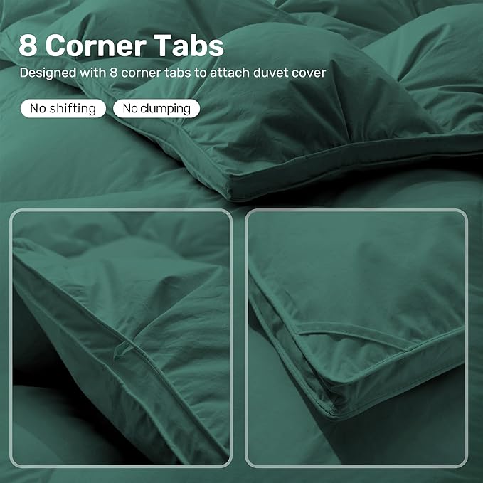 UNIKOME Pinch Pleat Goose Feather Down Comforter - 20% Extra Fill, 90oz, All Season Duvet Insert with 100% Cotton Cover, Cloud-Like Fluffiness (Green, Queen/Full, 90"X90")