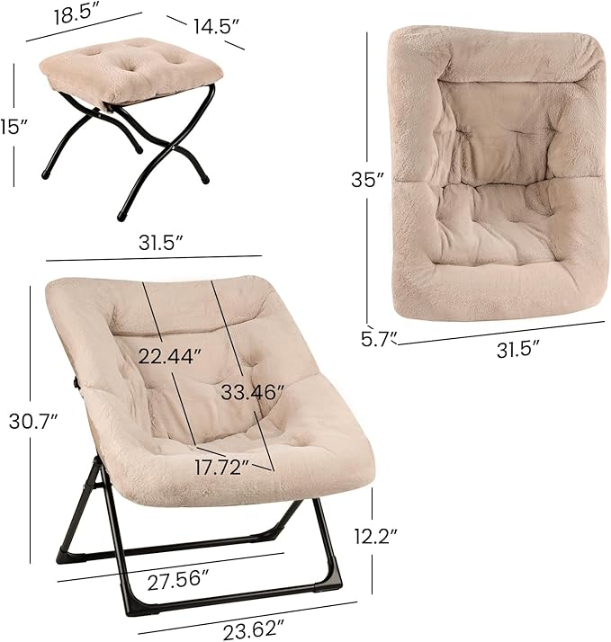 Comfy Saucer Chair for Adults, Soft Faux Fur Bedroom Chair with Ottoman, Accent Dorm Chairs, Living Room Reading Chairs and Footstool, Folding Seat for Teens, X-Large, Light Khaki