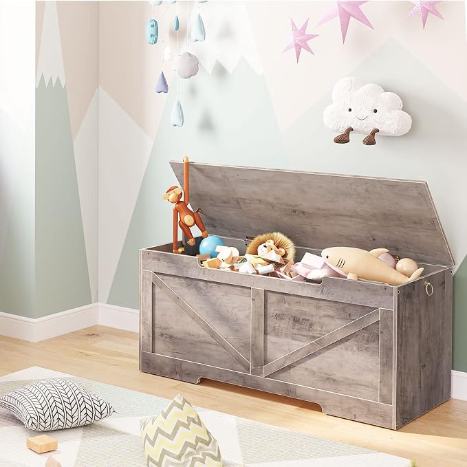 HOOBRO Storage Bench, 43.3” Retro Wooden Storage Chest with U-Shaped Cut-Out Pull, Safety Hinge, Supports 220 lb and Easy Assembly for Toy Box Organizer (Greige) BG772CW01 - Image 2