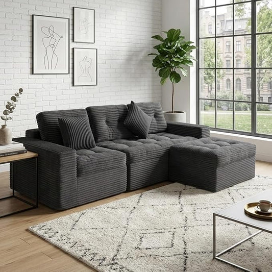Eafurn 105" L-Shaped Boneless Modular Sectional Sofa with Movable Ottoman, Comfy Corduroy Floor Couch with Deep Seat and Tufted Seat, Flexible Module Combination for Living Room, No Assembly | Deep Seat, Wider Armrest, Free Combination, Tufted